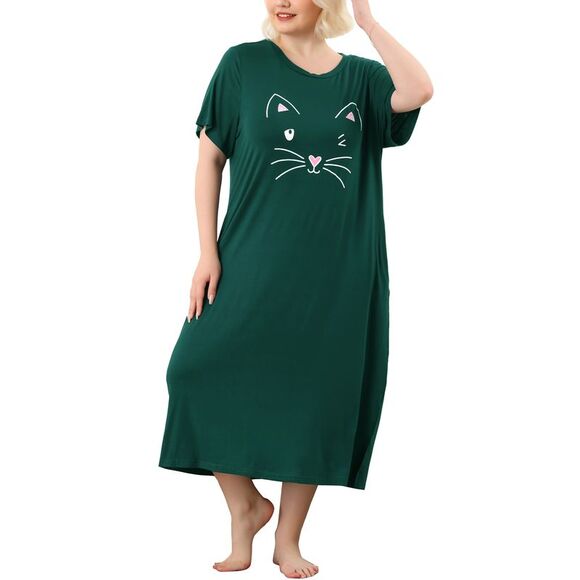 Women's Plus Size Nightgown Pajamas Pockets Cute Cat Sleepwear Dark Green - Picture 1 of 6